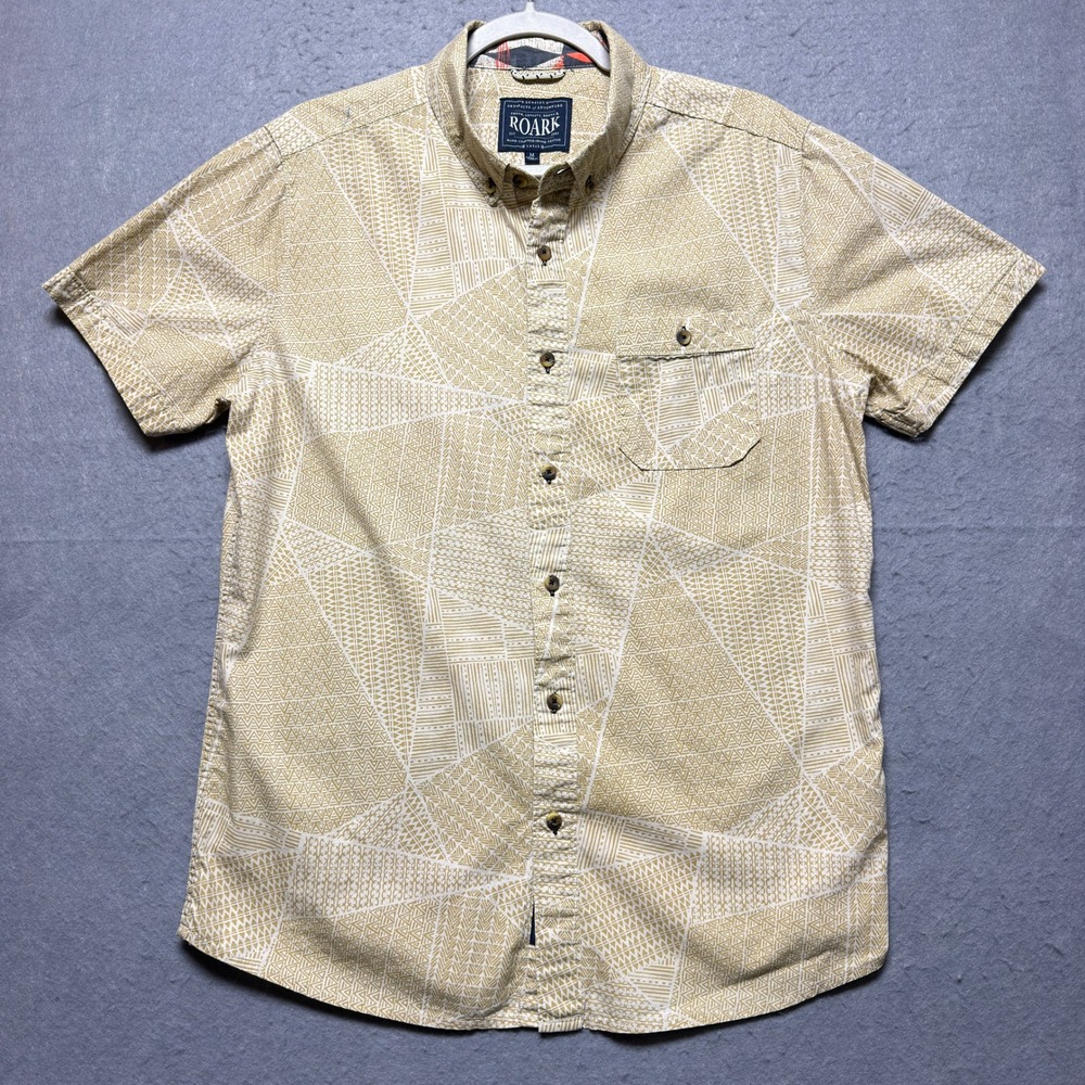 Roark Revival Mens Medium Tan Geometric Tribal Print Short Sleeve Button Down